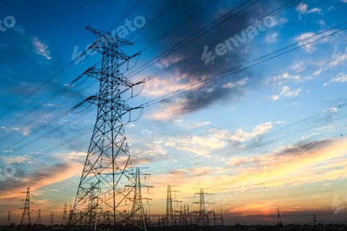 Preview: power transmission tower at dusk