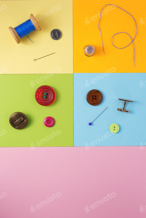 Preview: sewing tools and accessories at paper background
