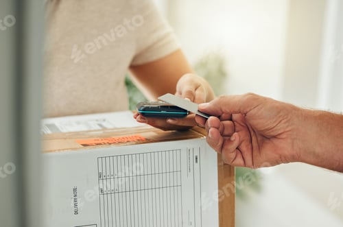Preview: Package delivery to home, credit card for payment and in person collection of online ecommerce prod