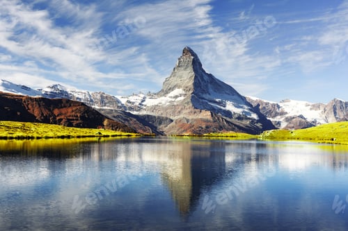 Preview: Picturesque view of Matterhorn peak and Stellisee lake in Swiss Alps