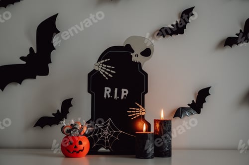 Preview: Moody halloween banner with candles, candies and other decorations