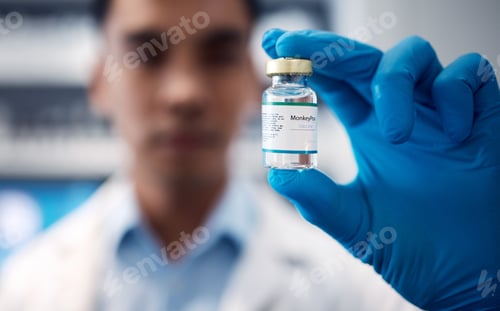 Preview: Healthcare, monkeypox and doctor with vaccine in hand hospital or clinic. Pharmacist, medical insur