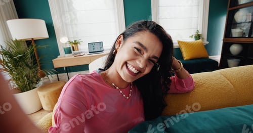 Preview: House, video call and woman with selfie, smile and confidence with influencer in lounge. Portrait,
