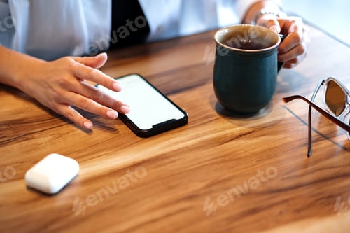 Preview: Close up of women's hands holding mobile phone with blank screen in cafe