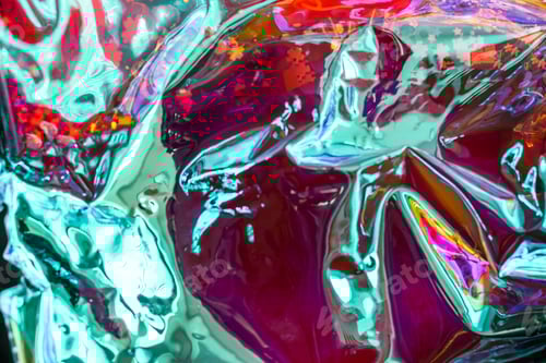 Preview: Abstract background red shiny crumpled hologram with sparkles. Trendy neon textured background