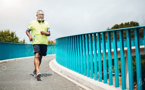 Preview: Senior man on bridge, speed walk for fitness and cardio, training or running with wellness and vit