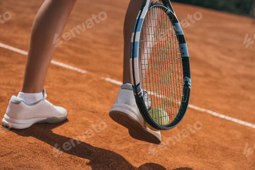 Preview: cropped shot of woman picking up tennis ball with racket and leg
