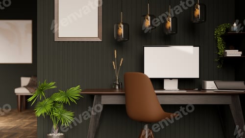 Preview: Modern dark elegance office workspace with PC desktop computer against black wall
