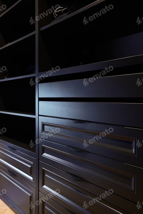 Preview: Modern empty closet in the hotel for different needs and clothes.