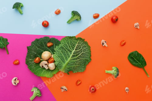 Preview: Flat lay of raw vegetables on abstract background
