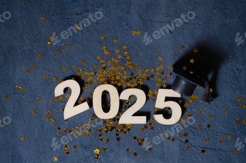 Preview: Class of 2025 concept. Wooden number 2025 with graduate hat on dark background top view