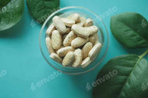 Preview: Top View of Herbal Supplements in Bowl with Green Leaves on Teal Background