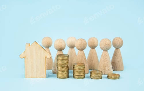 Preview: Wooden house and wooden people on a blue background.House money mortgage concept. Copy space.