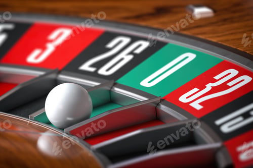 Preview: Casino roulette wheel with sector zero and white ball. Closeup.
