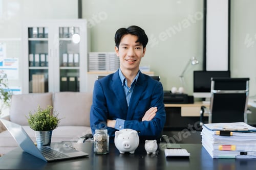 Preview: Asian man concept, successful savings money and finance accounting.