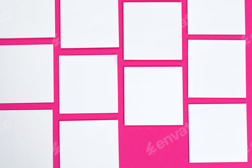 Preview: mock up concept. cards Papers on pink background. Top view, flat lay, copy space