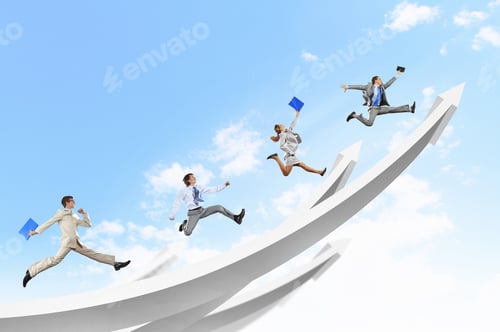 Preview: Young Businesspeople Jumping On White Arrows. Growth Concept
