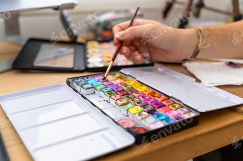 Preview: Water Color Painting Palette with Brush in Use