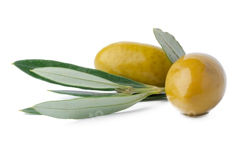 Preview: Green olives with leaves isolated on white background
