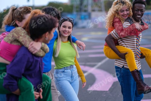 Preview: group of teenagers playing - focus girl green shirt