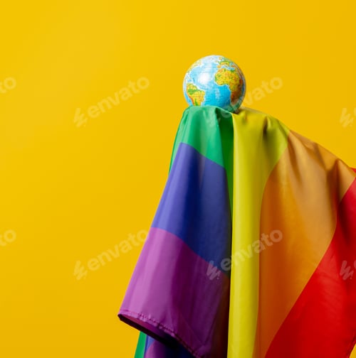 Preview: Earth globe and LGBT flag on yellow background