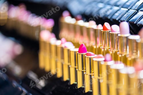Preview: Set of lipsticks on shelves in cosmetics beauty store