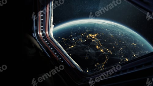 Preview: Spaceship flies near the amazing night planet earth, view from the window
