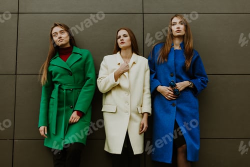 Preview: three beautiful elegant girls in colored coats