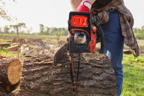 Preview: Man sawing wooden log outdoors, closeup view