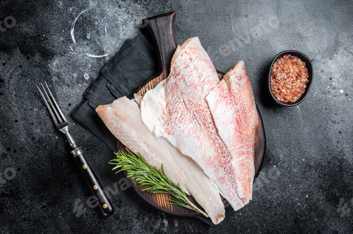 Preview: Fresh Raw red perch fillet, Snapper fish on a wooden board. Wooden background. Top view