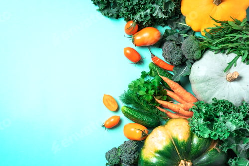 Preview: Autumn vegetables on trendy green background. Top view. Vegan and vegetarian diet, harvest concept