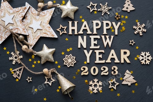 Preview: Happy New Year-wooden letters and the numbers 2023