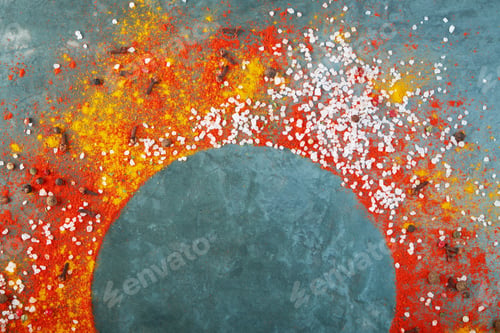 Preview: Round frame composition, different spices scattered on the table