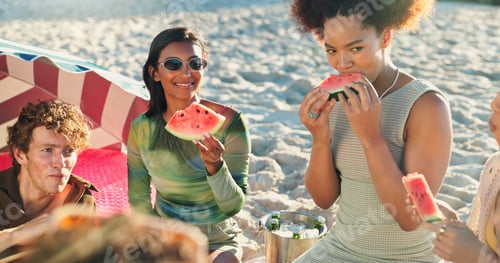 Preview: People, friends and eating with watermelon at beach, picnic and conversation with reunion on vacati
