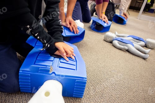 Preview: CPR training session with students practicing first aid on prompt manikins