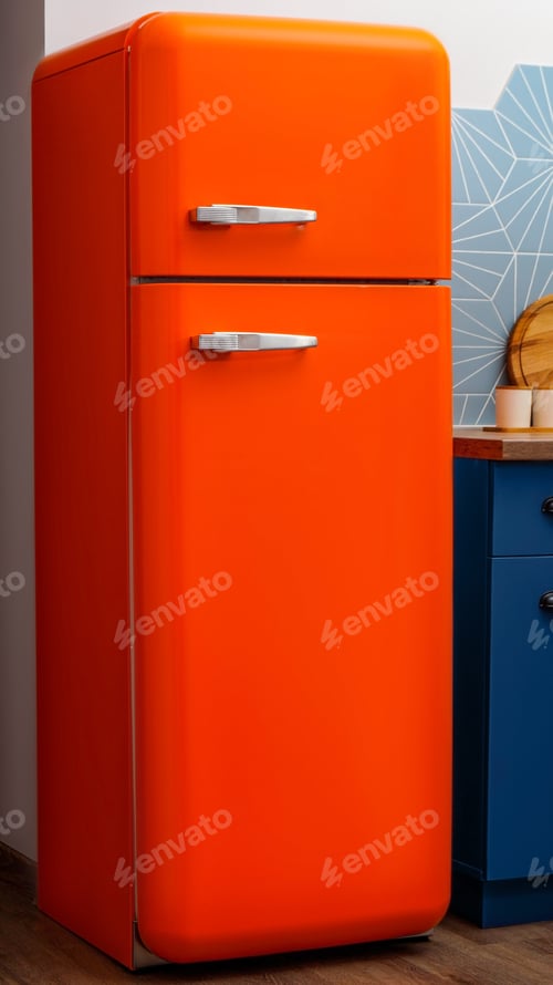 Preview: Modern closed refrigerator near colorful wall in kitchen. Domestic appliance