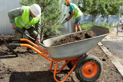 Preview: A worker in uniform digs a hole for planting an ornamental tree, loads the earth into a wheelbarrow