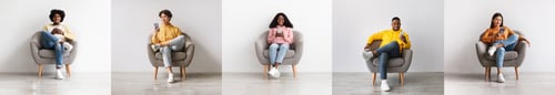 Preview: Happy Diverse Men And Women Using Smartphones At Home, Collage