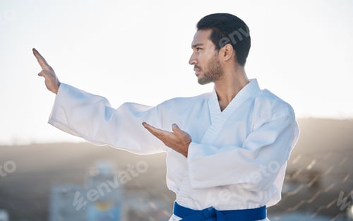 Preview: Karate, fitness and profile of a sports man in the city for self defense training or a combat worko