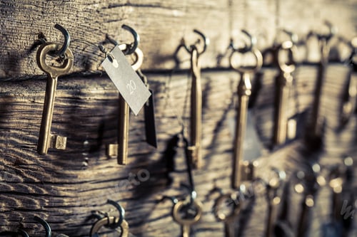 Preview: Closeup of old keys for hotel rooms