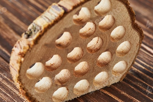 Preview: Piece of eucalyptus wood with holes for inhalation for sore throat on wooden background