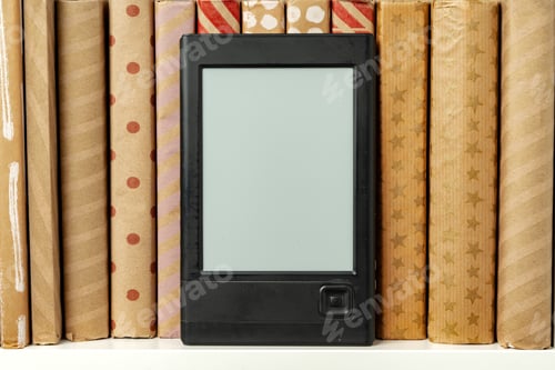Preview: E-book reader device on background of paper books