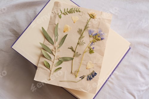 Preview: Sheet of paper with dried flowers and leaves on white fabric, top view