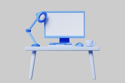 Preview: Pastel Blue Desk Setup: Monitor, Lamp, and Coffee