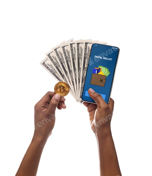 Preview: Black woman's hands holding BTC coin, smartphone and dollar cash