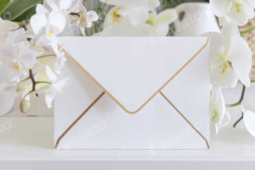 Preview: Envelope near white orchid flowers on table close up, pastel romantic wedding mockup