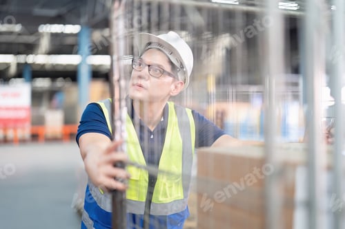 Preview: Staff working in large depot storage warehouse push manual trolley deliver box