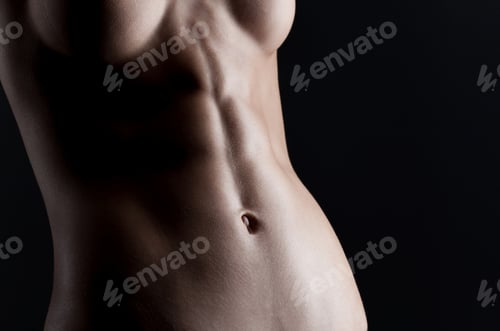 Preview: Girl in black underwear posing on red background