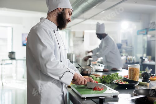 Preview: Gastronomy expert preparing garnish for gourmet dish served at restaurant.