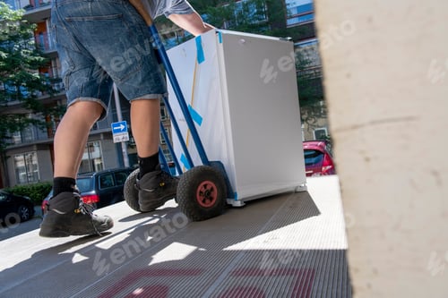 Preview: Removal man delivering washing machine to client customer